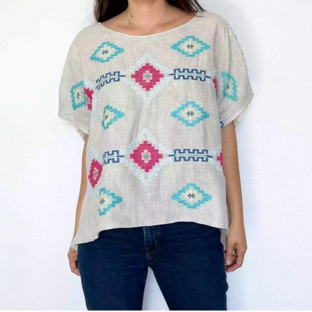 Johnny Was Shiri Linen Embroidered Aztec Lagenlook Top